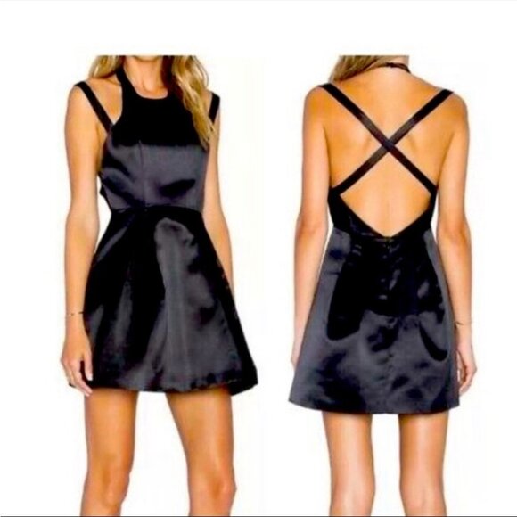 Revolve Lovers + Friends Black Mega Fit Satin Mini Fit & Flare Dress - Picture 1 of 14
